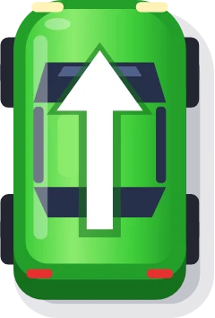 A green car with a white arrow on its roof.