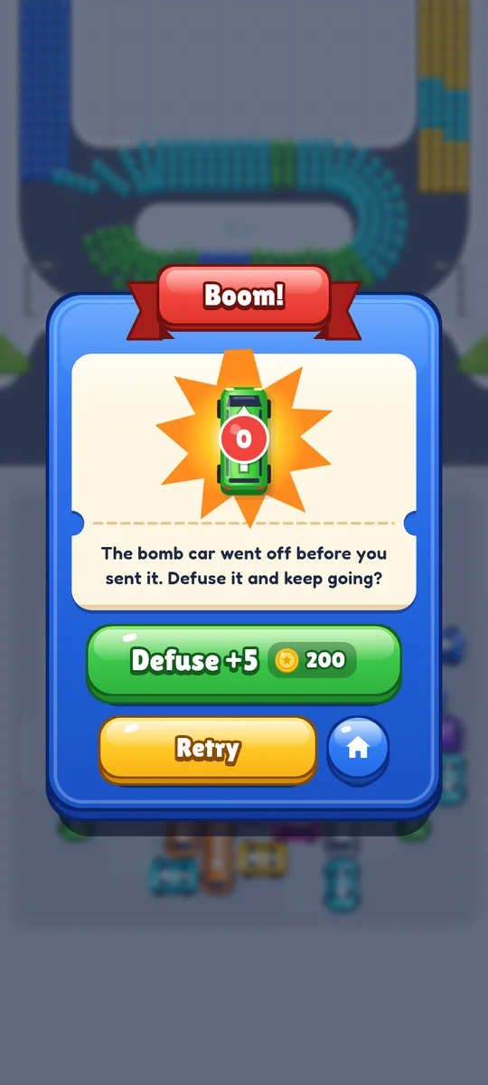 The Boom! screen after a bomb car went off, offering to defuse it, retry or go home.