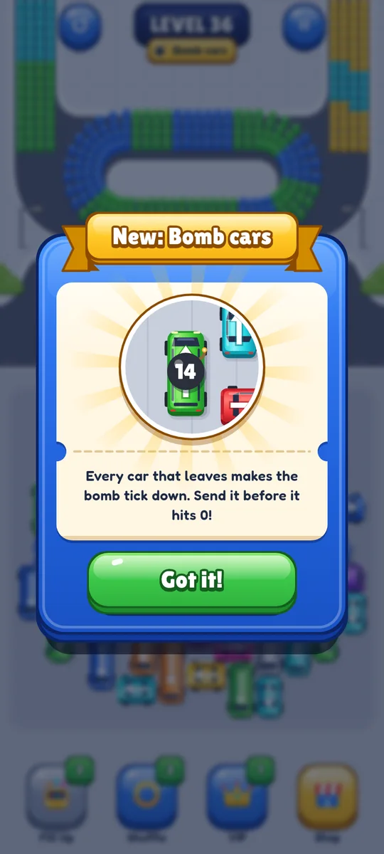 A popup introducing bomb cars, with a bomb counter on a green car.