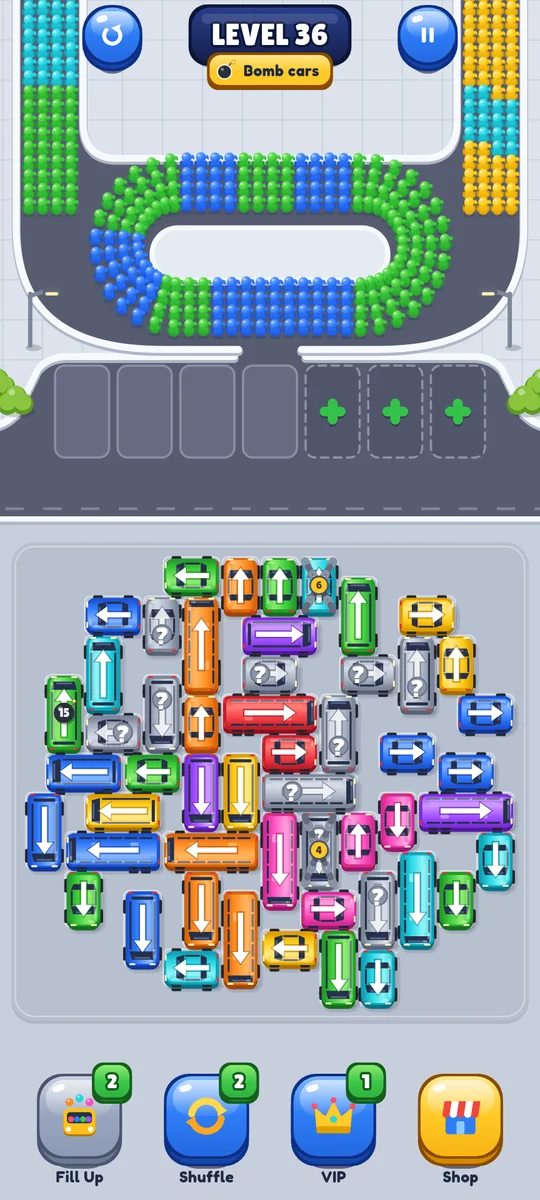 Bus Loop Rush gameplay at level 36: the crowd loops around the island above the bus stop, and the parking lot below is packed with cars, each with an arrow on its roof.